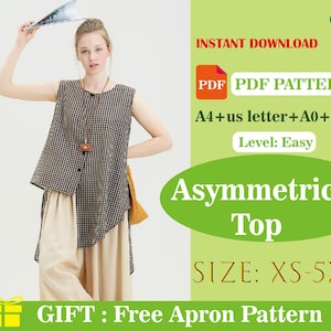 May include: A woman models an asymmetrical top in a black and white checkered pattern, paired with beige pants. The image includes text that reads "Asymmetrical Top" and "SIZE: XS-5XL". The image also includes the text "INSTANT DOWNLOAD" and "PDF PATTERN".