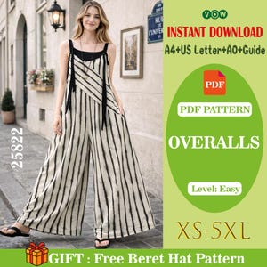 以下が含まれることがあります： 黒と白のストライプのジャンプスーツを着た女性。画像には「OVERALLS」、「PDF PATTERN」、「XS-5XL」というテキストが含まれています。画像には「INSTANT DOWNLOAD」と「GIFT: Free Beret Hat Pattern」というテキストも含まれています。