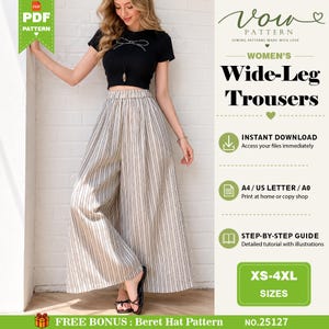 May include: A sewing pattern for wide-leg trousers featuring a high-waisted design with vertical pinstripes in beige and dark gray. The digital file includes instructions for sizes XS to 4XL, compatible with A4, US Letter, and A0 paper formats.