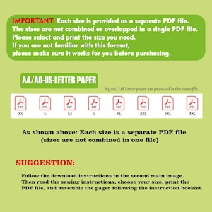 Peut inclure: Graphique vert et blanc avec du texte expliquant les tailles de fichiers PDF. Le texte indique que chaque taille est un fichier PDF s&eacute;par&eacute;, disponible des tailles XS &agrave; 4XL. Des instructions sont fournies pour l'impression et l'assemblage.