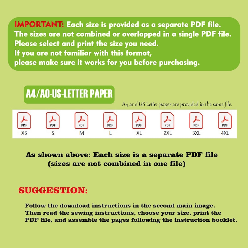 Peut inclure: Graphique vert et blanc avec du texte expliquant les tailles de fichiers PDF. Le texte indique que chaque taille est un fichier PDF s&eacute;par&eacute;, disponible des tailles XS &agrave; 4XL. Des instructions sont fournies pour l'impression et l'assemblage.