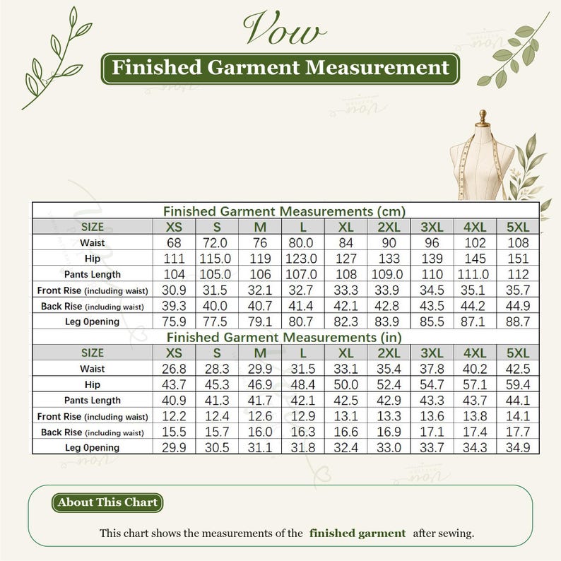 May include: A size chart titled Vow Finished Garment Measurement featuring two tables with rows for waist, hip, pants length, front rise, back rise, and leg opening for sizes XS to 5XL in both centimetres and inches, with a mannequin illustration.