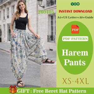 Patrón de costura en PDF para pantalones harem, pantalones holgados con cintura elástica.