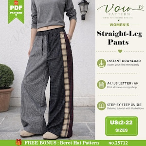 Patron de couture PDF pour pantalons droits, pantalons patchwork, pantalons décontractés à taille élastique