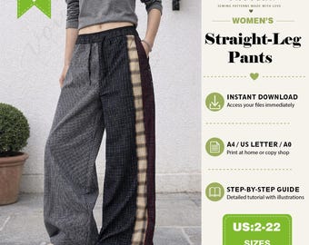 Patrón de costura en PDF para pantalones de pierna recta, pantalones patchwork, pantalones casuales con cintura elástica.
