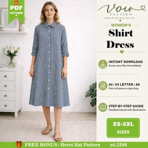 May include: A blue and white vertical striped shirt dress with a collar, long sleeves, and a full-length button-down front. The digital sewing pattern includes instructions for sizes XS to 5XL, featuring an instant download for A4, US Letter, and A0 formats.
