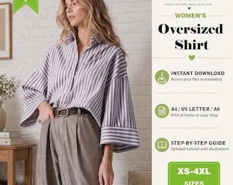 Oversized Drop Shoulder Shirt Sewing Pattern Women’s Loose Fit Blouse with Turn-Up Cuffs Back Inverted Box Pleat PDF Pattern XS–4XL
