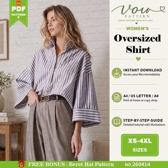 Oversized Drop Shoulder Shirt Sewing Pattern Women’s Loose Fit Blouse with Turn-Up Cuffs Back Inverted Box Pleat PDF Pattern XS–4XL