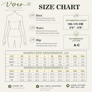 May include: A size chart for sewing patterns titled Vow Pattern. It features a line drawing of a body with bust, waist, and hip measurement points. Includes a table with body measurements in centimeters and inches for sizes XS to 5XL, plus height and cup size recommendations.