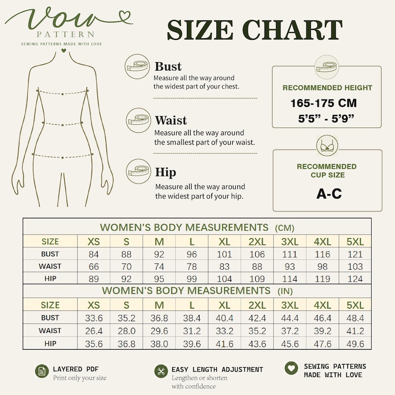 May include: A size chart for sewing patterns titled Vow Pattern. It features a line drawing of a body with bust, waist, and hip measurement points. Includes a table with body measurements in centimeters and inches for sizes XS to 5XL, plus height and cup size recommendations.