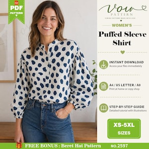 Cartamodello PDF per camicetta con maniche a sbuffo / Camicia da donna con colletto alla coreana / Cartamodello digitale in stile vintage per principianti