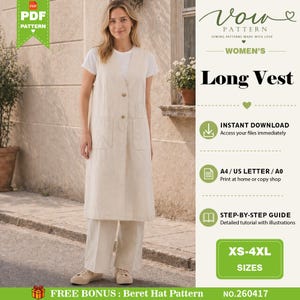 Women’s Long Vest Sewing Pattern, Sleeveless Coat Pattern, V-Neck Button Front, Patch Pocket, Longline Vest PDF, Beginner Friendly