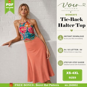 May include: A sewing pattern for a tie-back halter top featuring a floral print in shades of pink, orange, and blue. The pattern includes an instant download, A4, US letter, and A0 formats, a step-by-step guide, and sizes ranging from XS to 4XL.