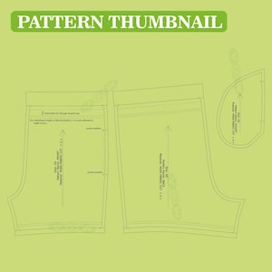 May include: A sewing pattern thumbnail on a light green background featuring outlines for shorts, including front, back, and pocket pieces. Text labels indicate size XS, main fabric requirements, and specific construction details like elastic band length of 66cm.