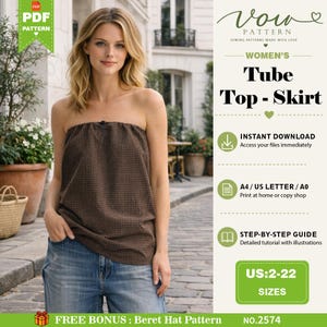 May include: A brown and black gingham tube top worn with blue jeans. The image includes text: Vow Pattern, Tube Top - Skirt, Instant Download, A4 / US Letter / A0, Step-by-step guide, US: 2-22 Sizes, and Free Bonus: Beret Hat Pattern No. 2574.