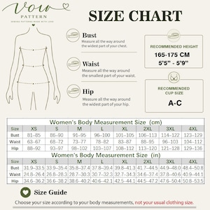 Puede incluir: Una tabla de tallas para patrones de costura con un dibujo lineal de un cuerpo que muestra puntos de medici&oacute;n de busto, cintura y cadera. Incluye una altura recomendada de 165-175 cm, copa A-C y una tabla con medidas en cm y pulgadas para tallas XS-4XL.