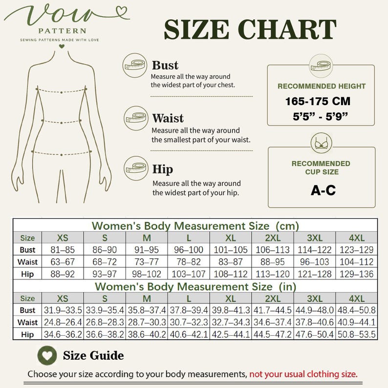 Puede incluir: Una tabla de tallas para patrones de costura con un dibujo lineal de un cuerpo que muestra puntos de medici&oacute;n de busto, cintura y cadera. Incluye una altura recomendada de 165-175 cm, copa A-C y una tabla con medidas en cm y pulgadas para tallas XS-4XL.