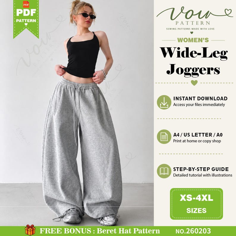 May include: A digital sewing pattern for wide-leg joggers, featuring a black tank top and grey sweatpants. The graphic includes text: Vow Pattern, Wide-Leg Joggers, Instant Download, A4/US Letter/A0, Step-by-Step Guide, XS-4XL, and Free Bonus.