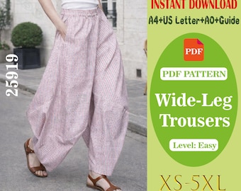 Patrón de costura de pantalones para mujer en PDF, patrón para principiantes, patrón de costura fácil para principiantes, patrón de costura A0