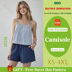 May include: A woman in a blue and white striped camisole top and navy blue shorts. The image includes text that says "Camisole" and "XS-4XL". The image also says "Instant Download" and "PDF Pattern".