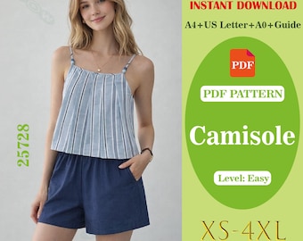 Top de tirantes para mujer, patrón de costura en PDF, top de verano, descarga digital, patrón de costura imprimible para blusa de tirantes finos DIY para principiantes.