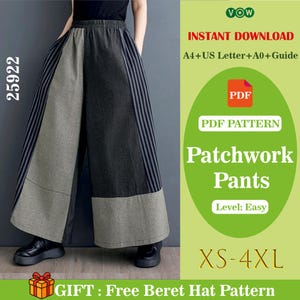 Patchwork High Waisted Wide Leg Pants Sewing Pattern Women (XS-4XL) Digital Download