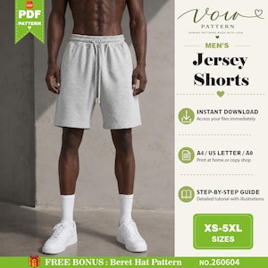 Puede incluir: Pantalones cortos de punto gris claro con cintura elástica y cordón. El texto dice: Vow Pattern, Men's Jersey Shorts, Instant Download, A4 / US Letter / A0, Step-by-step guide, XS-5XL Sizes, Free Bonus: Beret Hat Pattern, No. 260604.
