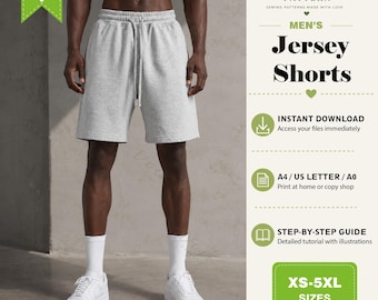 Men's Jersey Shorts PDF Sewing Pattern, Elastic Waist Drawstring Shorts, Knit Shorts Pattern, Relaxed Fit, XS-5XL, Instant Download