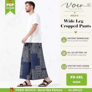 May include: A digital sewing pattern for wide leg cropped trousers featuring a blue fabric with a geometric gold pattern. The document includes text for Vow Pattern, Men's Wide Leg Cropped Pants, instant download, A4/US Letter/A0, and sizes XS-3XL.