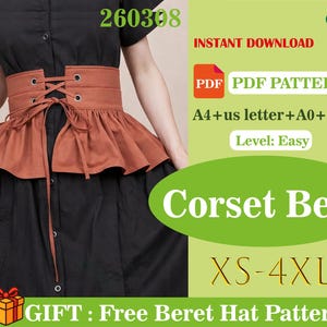 May include: A brown corset belt with a ruffled peplum, laced front, and eyelets. The image includes text that reads "Corset Belt" and "XS-4XL". The words "PDF PDF PATTERN" and "INSTANT DOWNLOAD" are also visible.