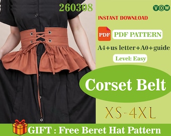 Lace-Up Peplum Corset Belt Sewing Pattern PDF, Medieval Renaissance Roleplay Waist Corset, Adjustable Waist Cincher Costume Pattern