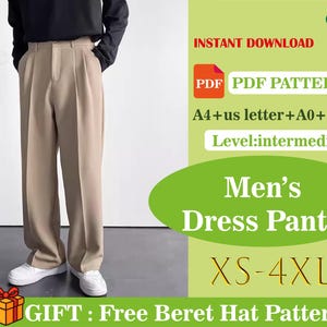 Può includere: Una persona indossa pantaloni da abito beige e scarpe da ginnastica bianche. L'immagine include il testo "Men's Dress Pants" e "XS-4XL". L'immagine include anche il testo "PDF PDF PATTERN" e "Instant Download".