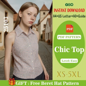 Op de afbeelding: Een vrouw draagt een mouwloze top met kraag en een ruitpatroon in bruin-, wit- en marineblauw. De afbeelding bevat de tekst "Chic Top" en "XS-5XL". De afbeelding bevat ook de tekst "Direct downloaden" en "PDF-patroon".