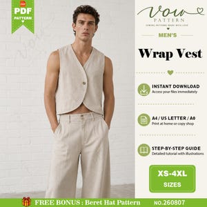 Peut inclure: Un gilet portefeuille beige et un pantalon large assorti. Le gilet présente une fermeture à un seul bouton et un ourlet incurvé. Le texte sur la droite inclut Vow Pattern, Wrap Vest, Instant Download, A4 / US Letter / A0 et XS-4XL Sizes.