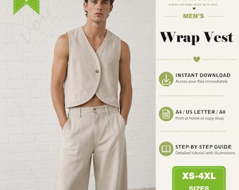 Cartamodello PDF per gilet da uomo a portafoglio, gilet minimalista senza maniche, gilet in stile giapponese