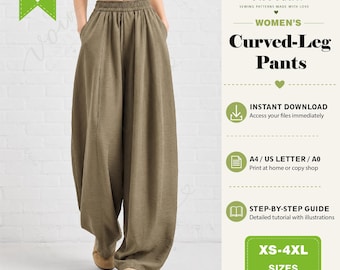 Naaipatroon voor een broek met gebogen pijpen (PDF), wijde broek, direct te downloaden.