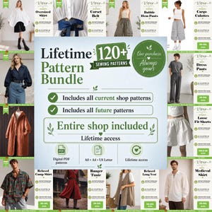 Puede incluir: Un anuncio de producto digital para un paquete de patrones de costura de por vida con más de 120 diseños. El gráfico central muestra el texto Lifetime Pattern Bundle, 120+ Sewing Patterns y Entire shop included, rodeado de varias prendas.