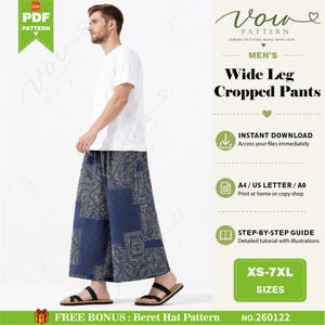 Puede incluir: Un patrón de costura digital para pantalones anchos recortados en tela azul con un patrón geométrico color canela. El texto incluye Vow Pattern, Wide Leg Cropped Pants, Instant Download, A4/US Letter/A0, Step-by-Step Guide, tallas XS-7XL y No. 260122.
