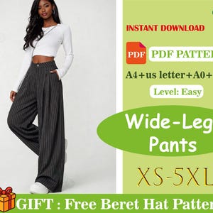 Op de afbeelding: Zwart-wit gestreepte broek met wijde pijpen. De afbeelding bevat ook de tekst "INSTANT DOWNLOAD", "PDF PATTERN", "Wide-Leg Pants" en "XS-5XL". De afbeelding zegt ook "CADEAU: Gratis baret hoedenpatroon".