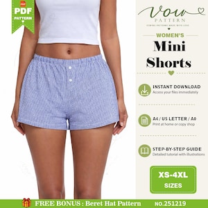 May include: A digital sewing pattern for mini shorts featuring a blue and white gingham check fabric. The shorts have an elastic waistband and a two-button front placket. The graphic includes text: Vow Pattern, Mini Shorts, Instant Download, A4/US Letter/A0, Step-by-Step Guide, XS-4XL Sizes, and Free Bonus: Beret Hat Pattern.