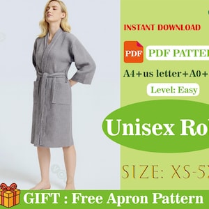 Molde de roupão unissex e robe de dormir em PDF | Molde fácil de roupão para homens e mulheres | Roupa de dormir aconchegante | Inclui tamanhos A0, A4 e Carta EUA