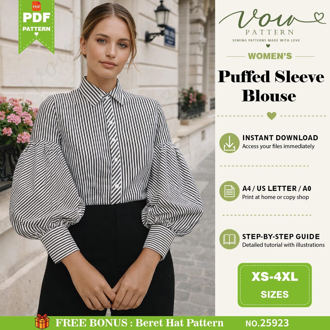 Puff Sleeve Blouse Sewing Pattern PDF | Women’s Shirt Pattern | Instant ...