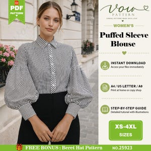Schnittmuster für eine Bluse mit Puffärmeln (PDF) | Damenblusenschnittmuster | Sofort-Download