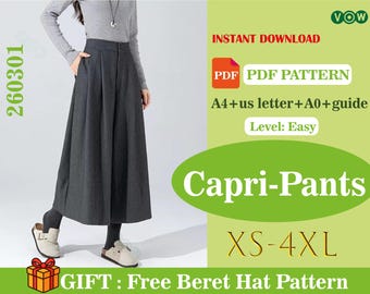 Patrón de costura en PDF para pantalones capri / Pantalones holgados, nivel fácil (descarga digital)