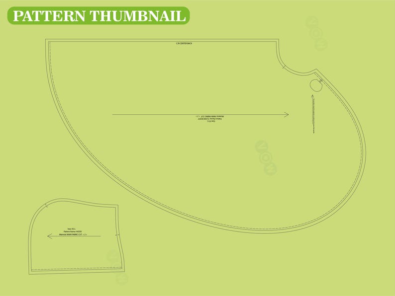 May include: A pattern thumbnail on a light green background. The text "PATTERN THUMBNAIL" is in a green rectangle at the top. The pattern includes curved lines and arrows, with measurements indicated. The pattern is for sewing or crafting.