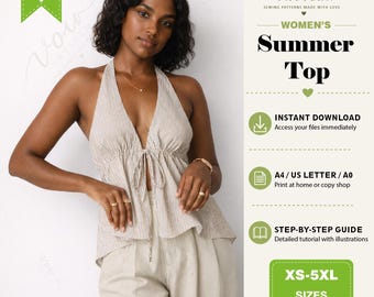 Striped Halter Top| PDF Sewing Pattern,Backless top| Summer Sleeveless Blouse DIY