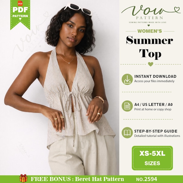 Top halter a rayas / Patrón de costura en PDF, top sin espalda / blusa sin mangas de verano DIY