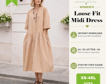 Loose Tiered Midi Dress Sewing Pattern PDF, Beginner Friendly