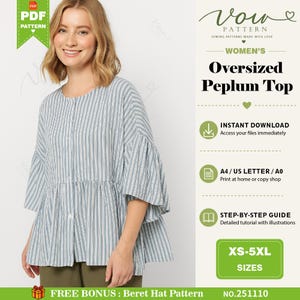 May include: A blue and white vertical striped peplum top with a round neckline, button-down front, and wide, flared sleeves. The text on the image includes Vow Pattern, Oversized Peplum Top, Instant Download, A4/US Letter/A0, and XS-5XL Sizes.