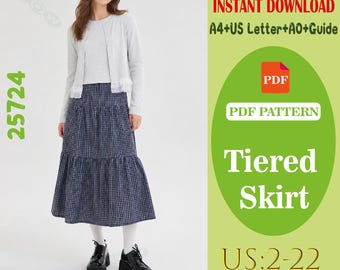 Patrón de costura en PDF para falda escalonada / Falda con volantes en capas (Tallas US 2-22)